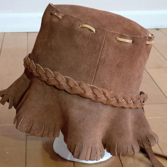 Handmade Vintage Suede bucket hat with leather stitching and braiding unisex - Picture 5 of 6
